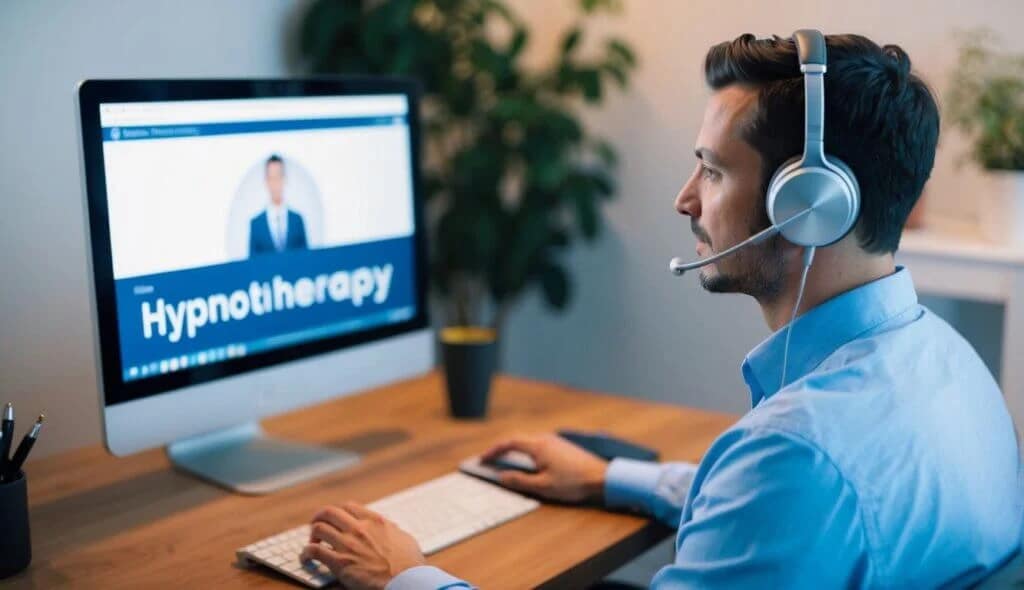 Certified hypnotherapist conducting virtual session with professional lighting, high-quality camera, and client visible on screen in comfortable home environment