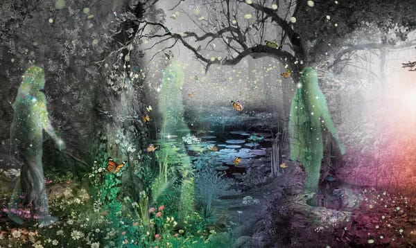 State-of-the-art VR hypnotherapy equipment including wireless headset, hand controllers, and monitor displaying serene virtual forest environment